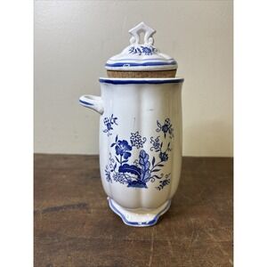Vtg White Blue Floral Canister 5.5" Tall Handle Has Lid